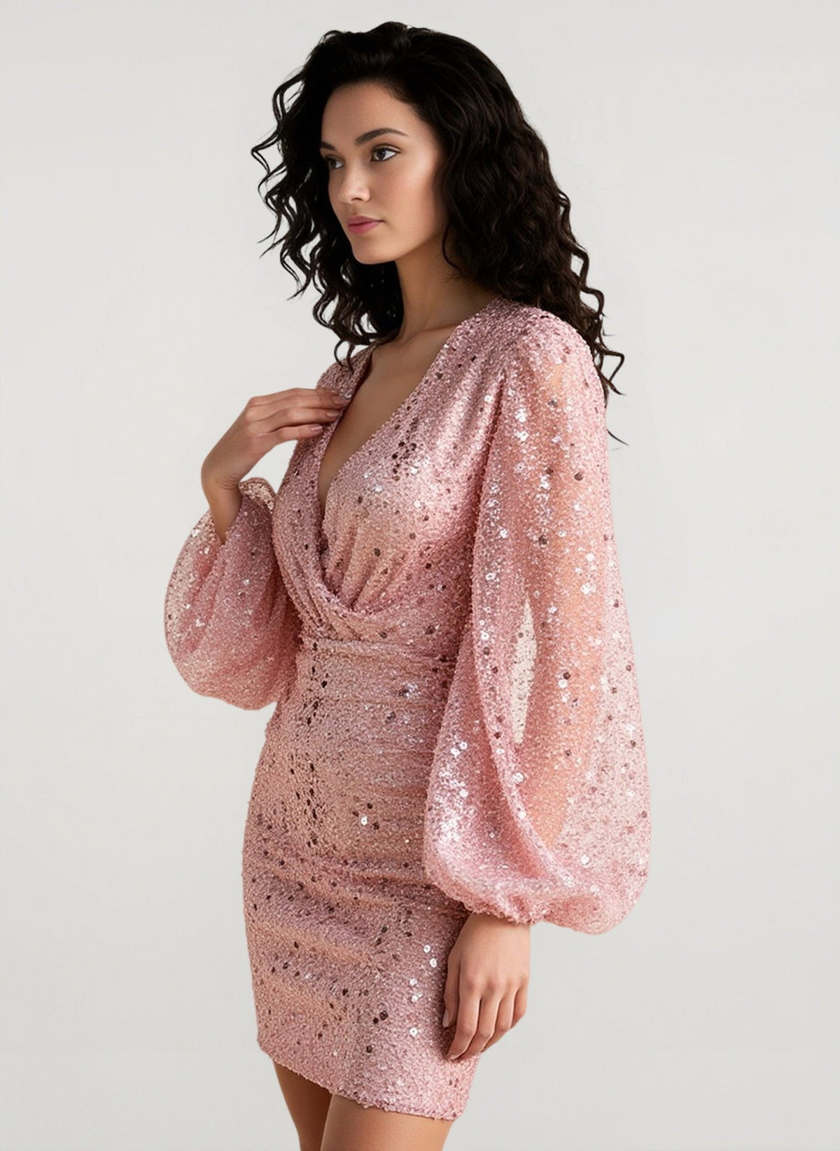 Sequin Deep V-Neck Bishop Sleeve Ruched Bodycon Mini Party Dress - View 2