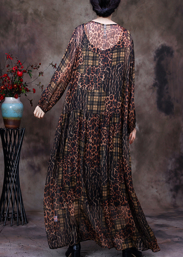 Sheer Leopard Plaid Patchwork Long Sleeve Balloon Sleeve Maxi Dress - View 4