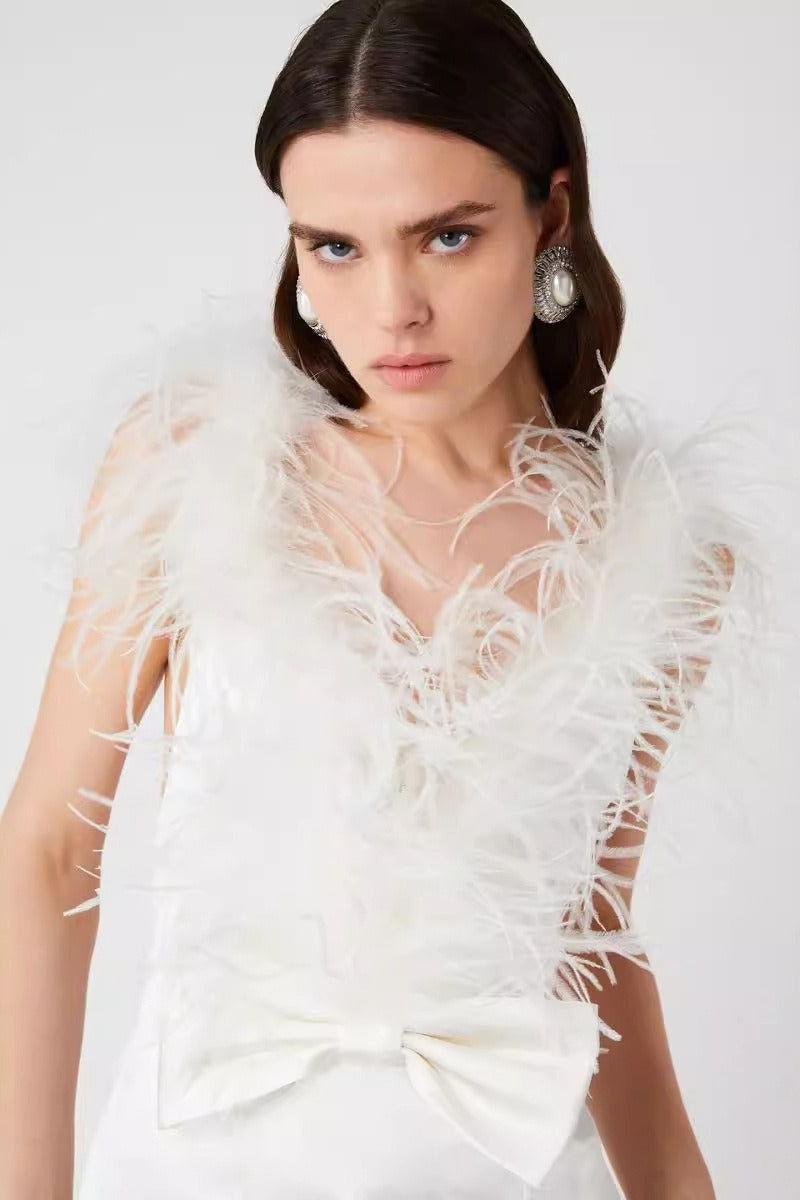 Feather Trim V-Neck Sheer Bow Gown