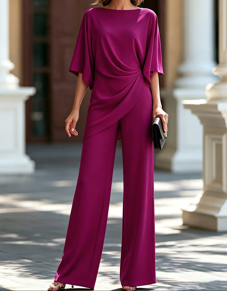 Boat Neck Batwing Sleeve Draped Wide Leg Jumpsuit 4