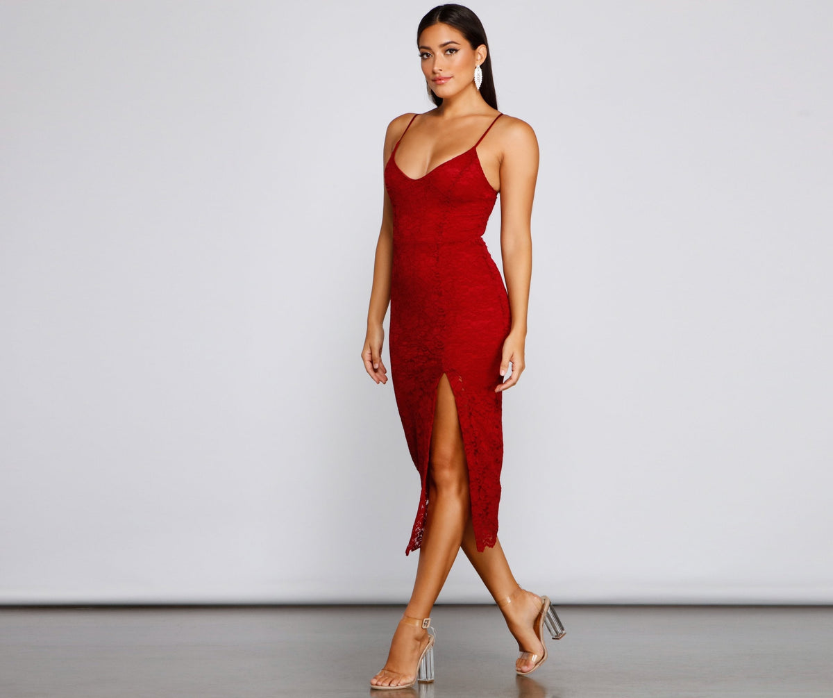 Lace V-Neck Spaghetti Strap High Split Slip Midi Dress - View 8