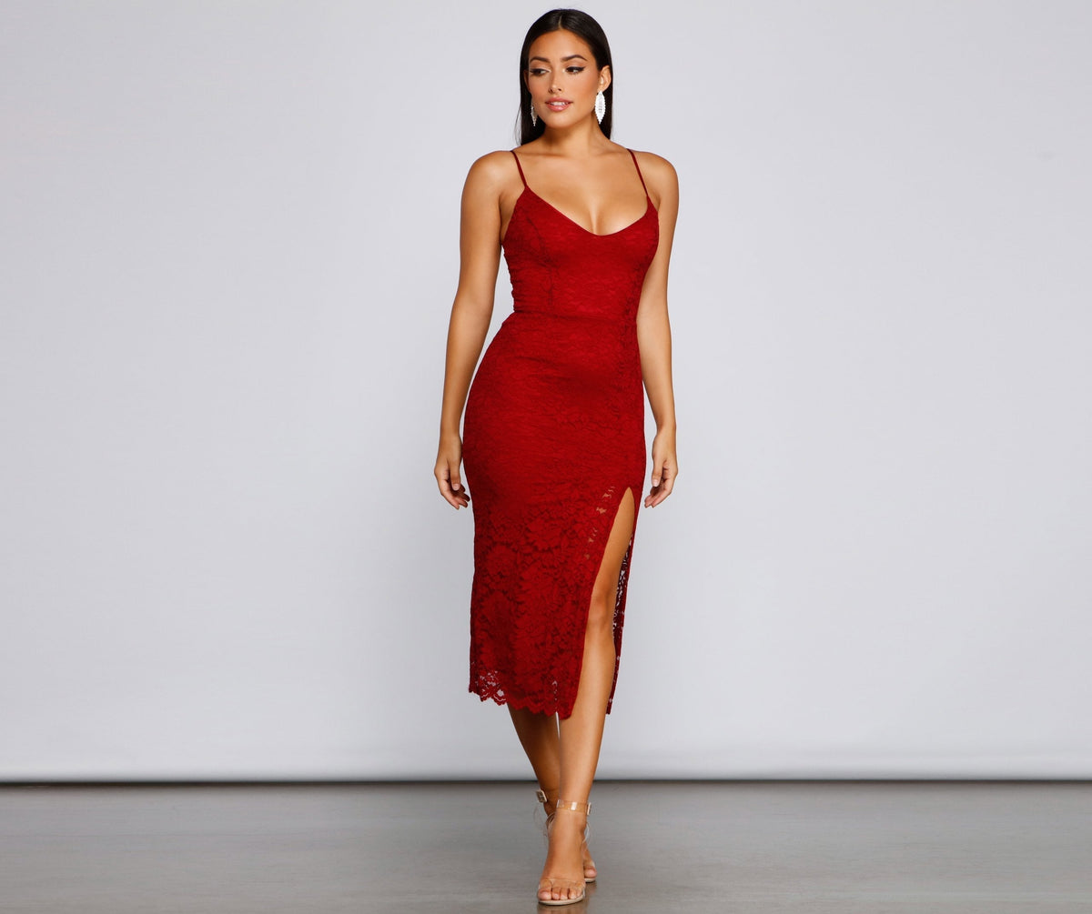 Lace V-Neck Spaghetti Strap High Split Slip Midi Dress - View 11