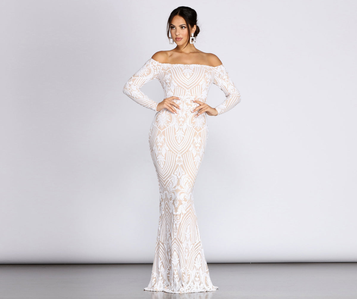 Sequin Off Shoulder Long Sleeve Mermaid Maxi Gown in White