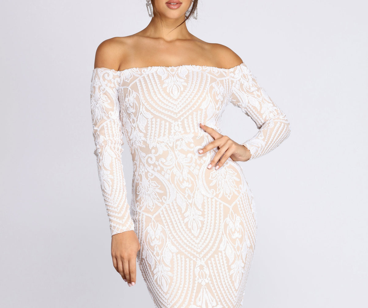 Sequin Off Shoulder Long Sleeve Mermaid Maxi Gown in White - View 3