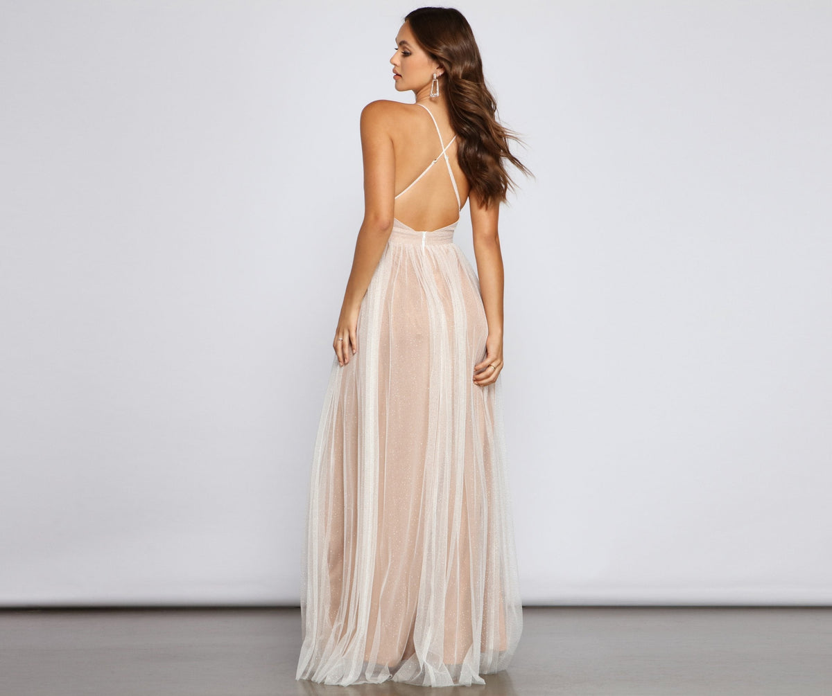 Glitter Tulle V-Neck Sleeveless A-Line Formal Maxi Gown - View 2
