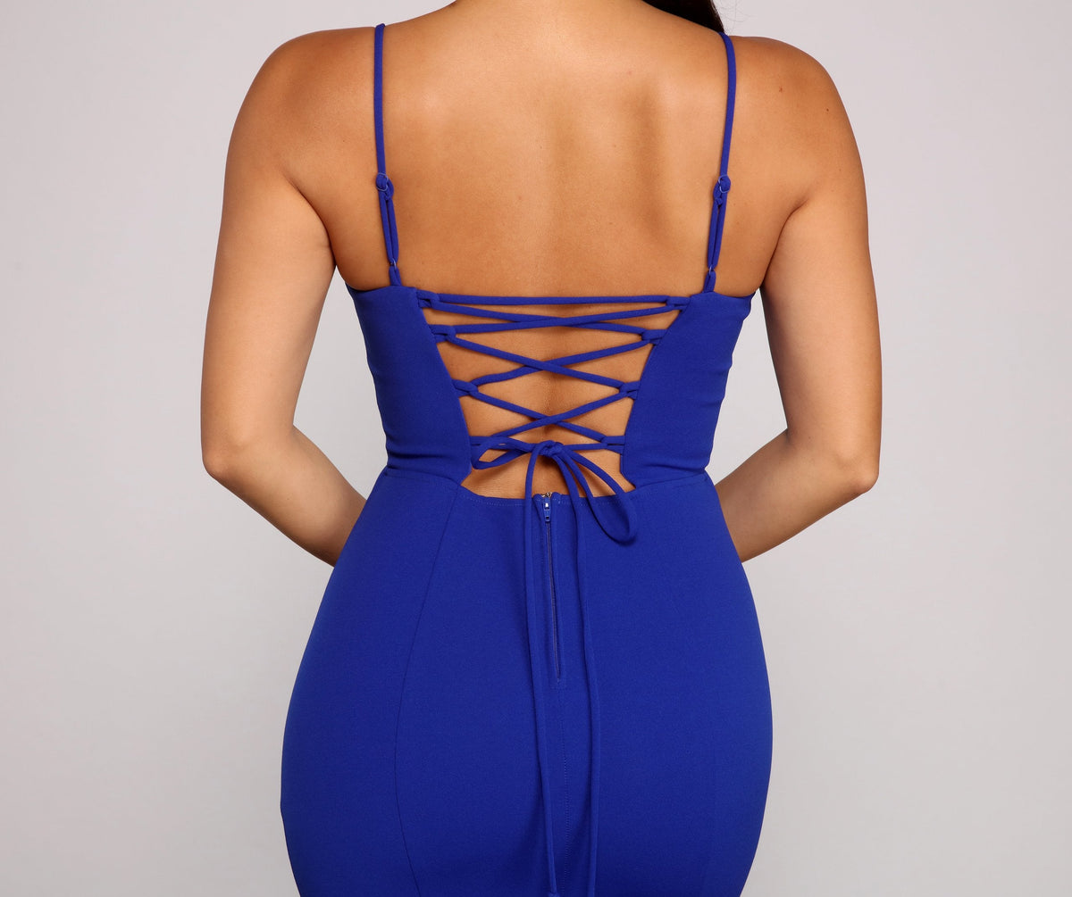 Crepe Spaghetti Strap Lace Up Back Mermaid Maxi Gown - View 4