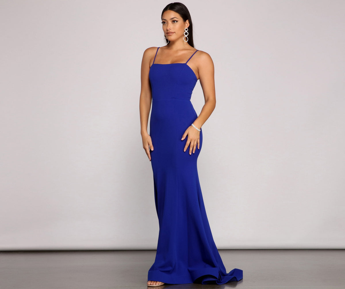 Crepe Spaghetti Strap Lace Up Back Mermaid Maxi Gown - View 5