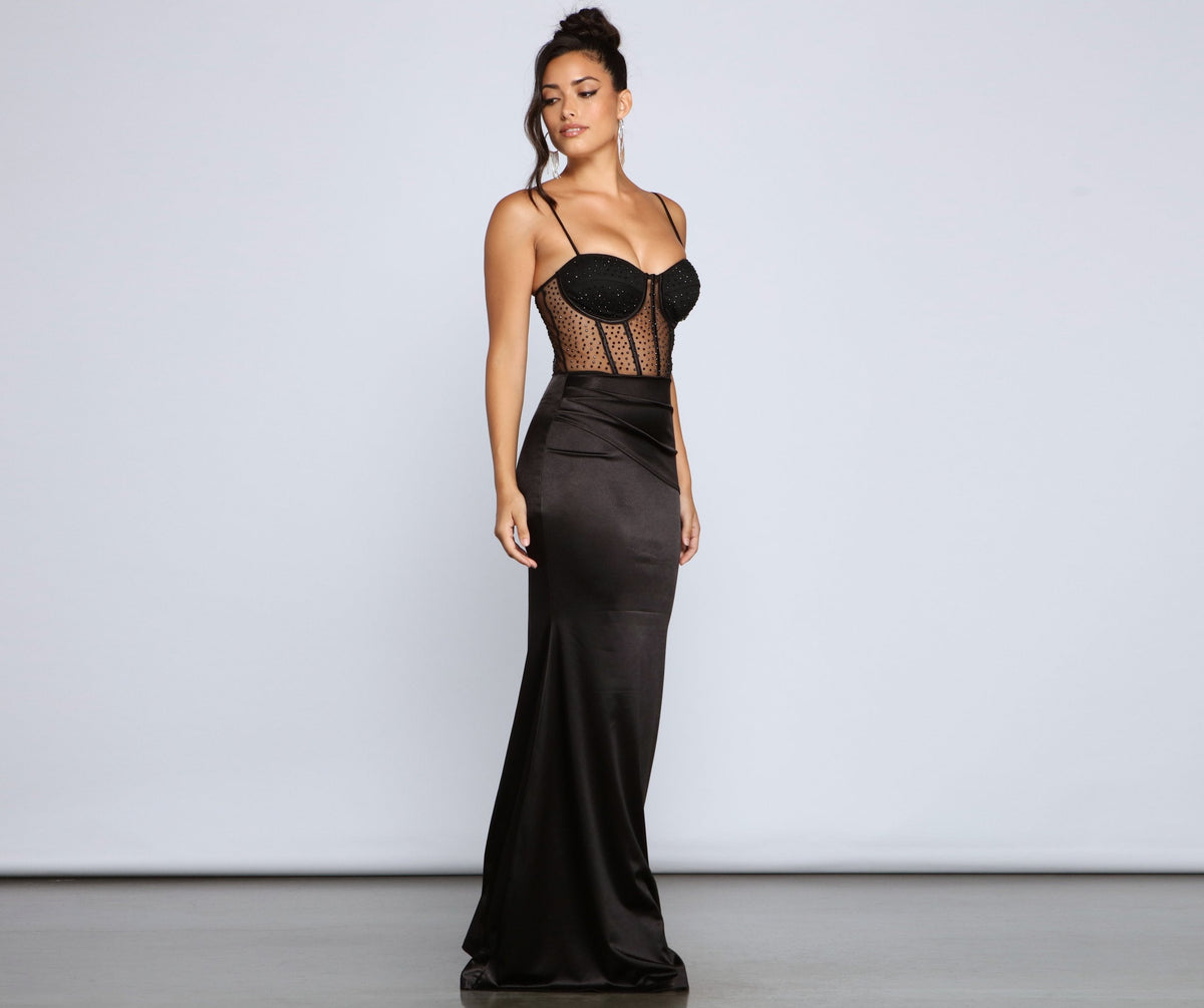 Satin Sweetheart Spaghetti Strap Rhinestone Corset Mermaid Maxi Gown - View 3