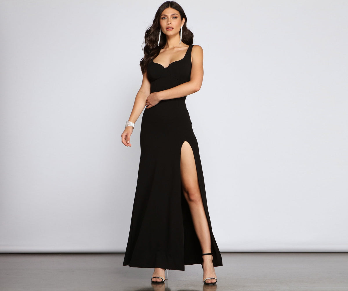 Sweetheart Bustier High Split Crepe Column Maxi Gown - View 2