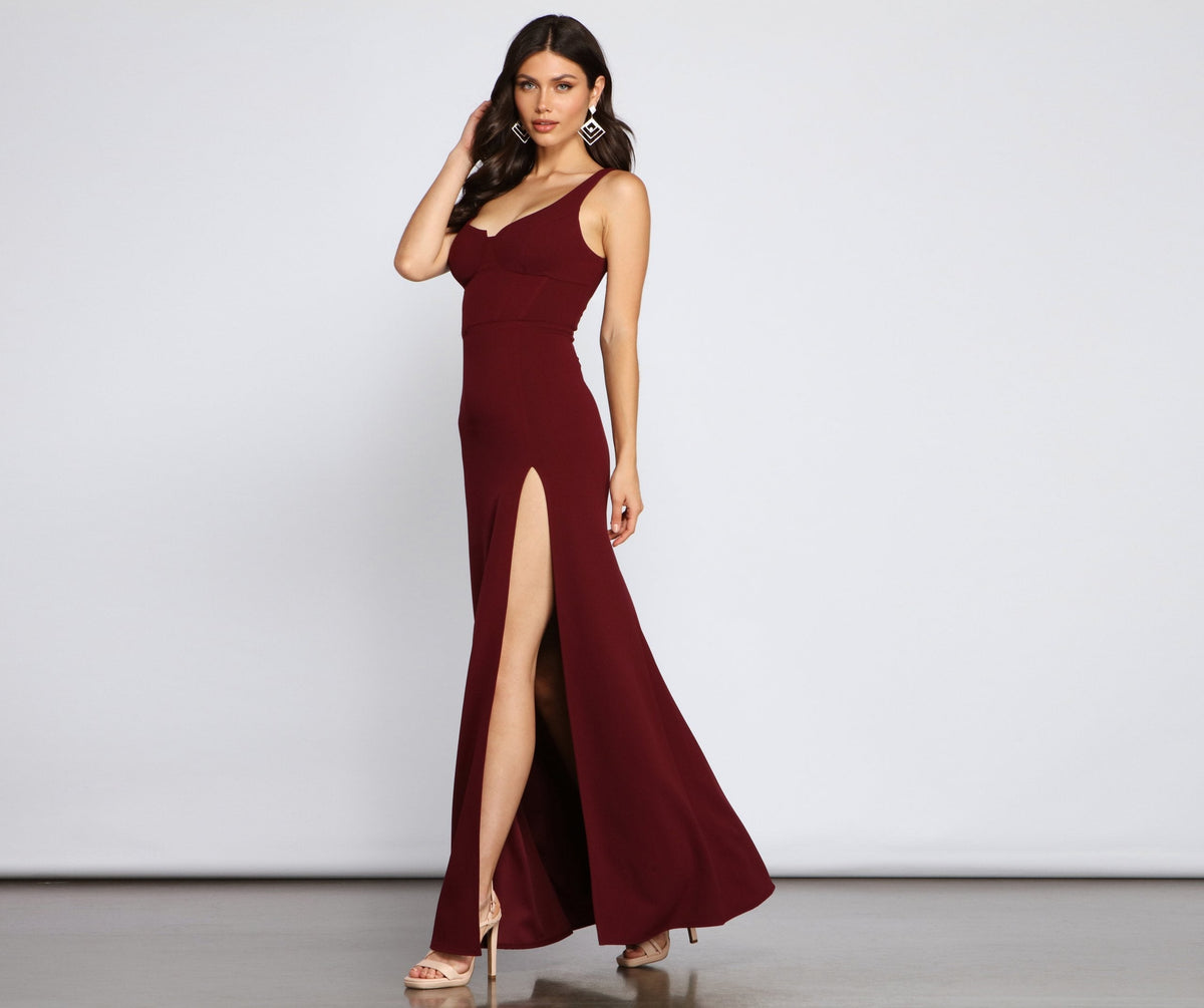 Sweetheart Bustier High Split Crepe Column Maxi Gown - View 8