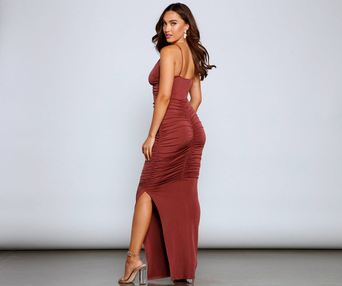 V-Neck Spaghetti Strap Ruched High Split Column Maxi Dress - View 6