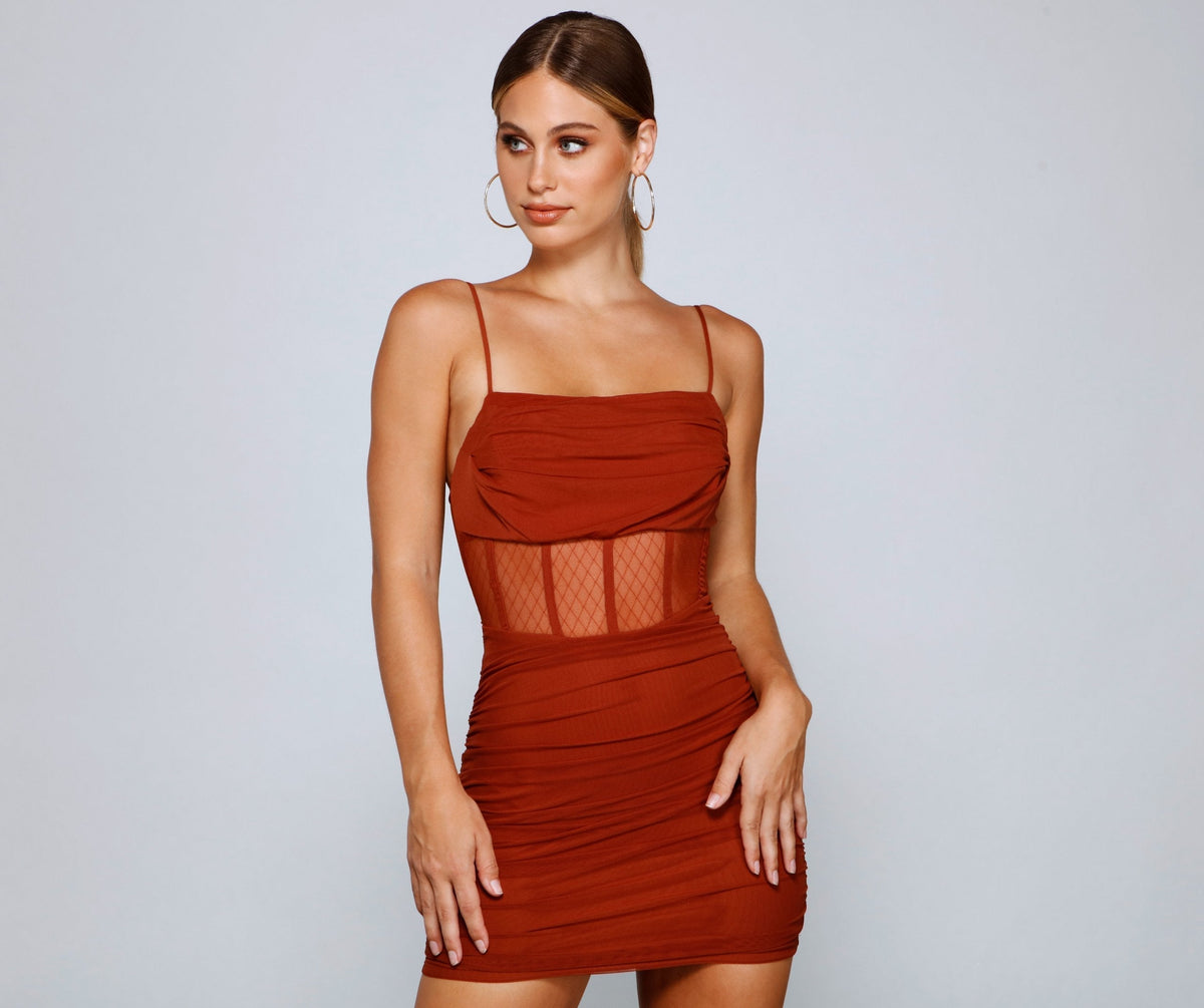 Spaghetti Strap Mesh Corset Ruched Bodycon Mini Dress - View 9