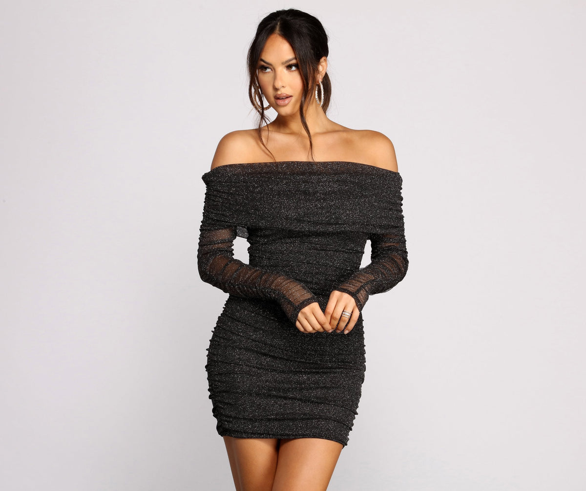 Glitter Off Shoulder Long Sleeve Ruched Bodycon Mini Dress - View 8
