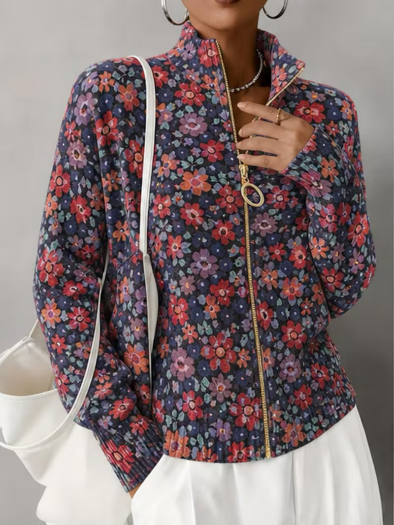 Ditsy Floral Print Stand Collar Full Zip Knit Cardigan