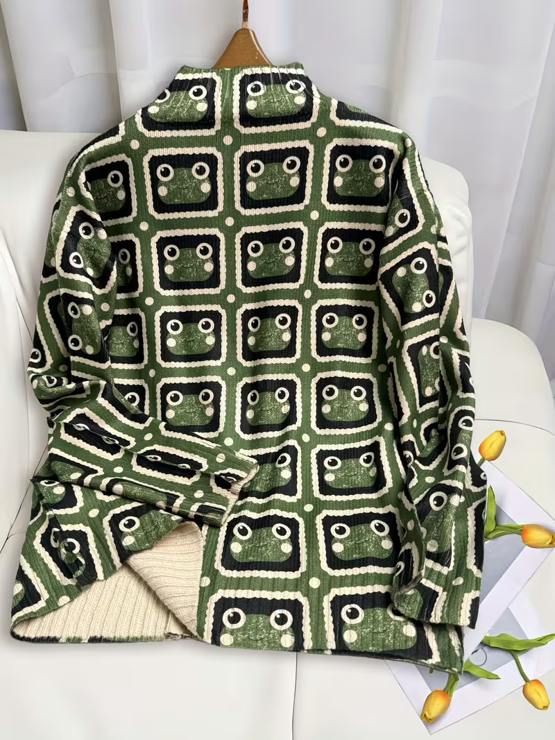 Frog Print Stand Collar Zip Front Knit Cardigan 3