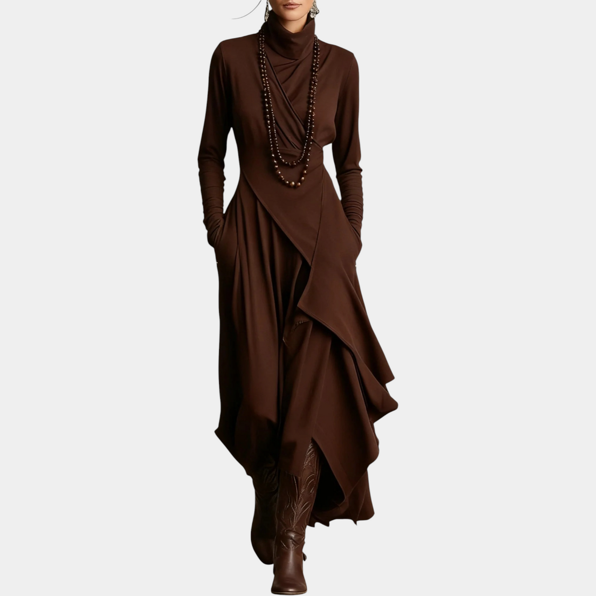 Turtleneck Long Sleeve Asymmetric Draped Maxi Dress 4