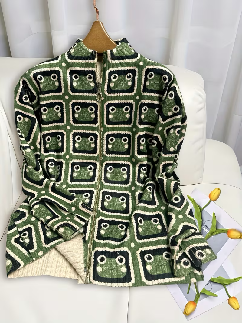 Frog Print Stand Collar Zip Front Knit Cardigan 4