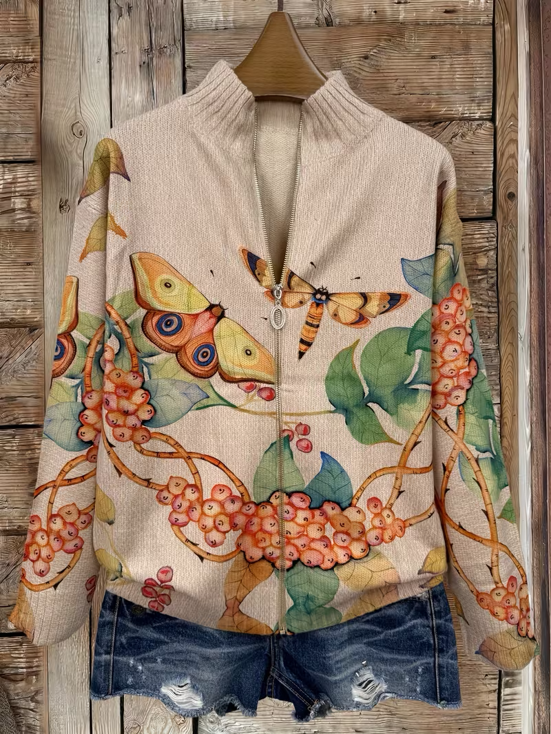 Butterfly Floral Print Stand Collar Zip Knit Cardigan 4
