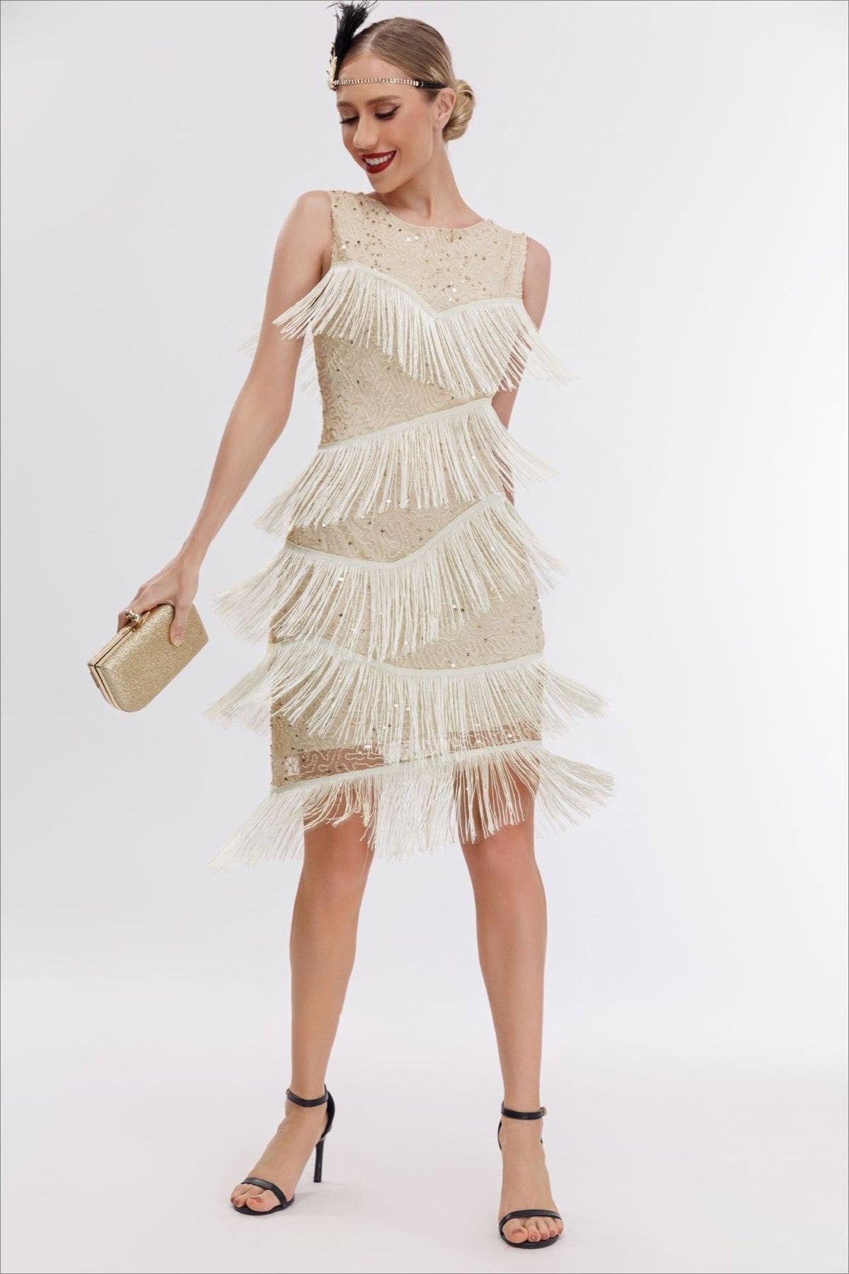 Sequin Beaded Tiered Fringe Sleeveless Shift Mini Cocktail Dress - View 12