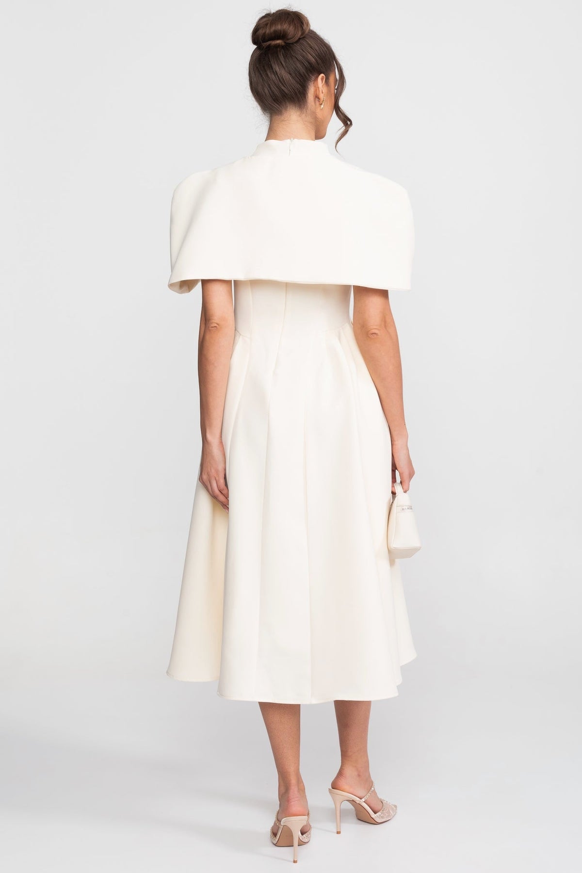 A-Line Midi Dress With Structured Cape Shoulders - Cream - View 6