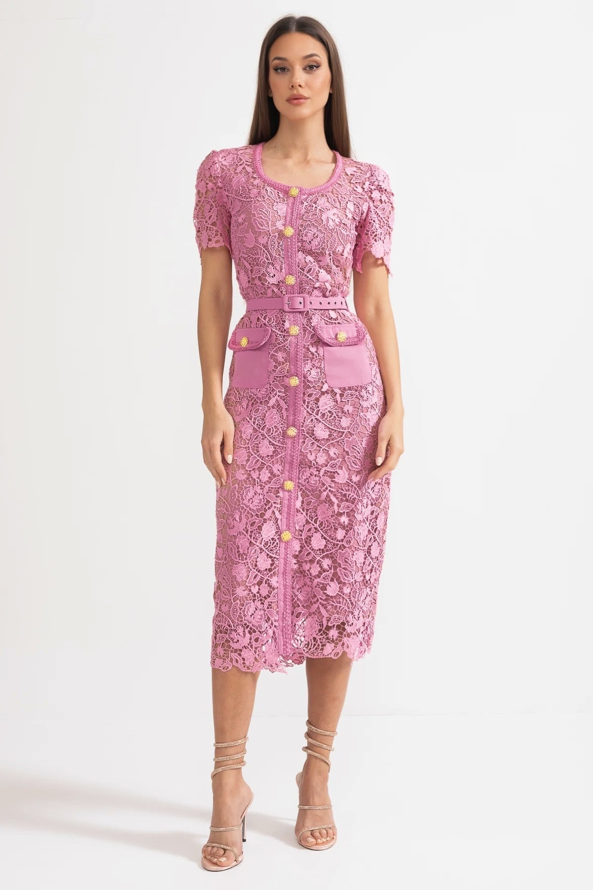 Exquisite Short Sleeve Lace Midi Dress - Rose - View 4