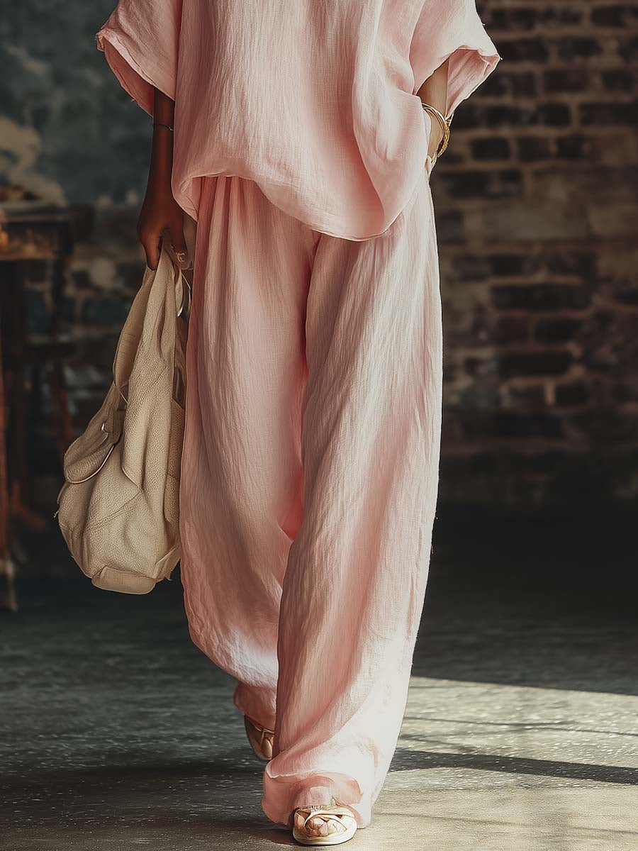Split Neck Oversized Top and Wide Leg Pants Two Piece Set 4