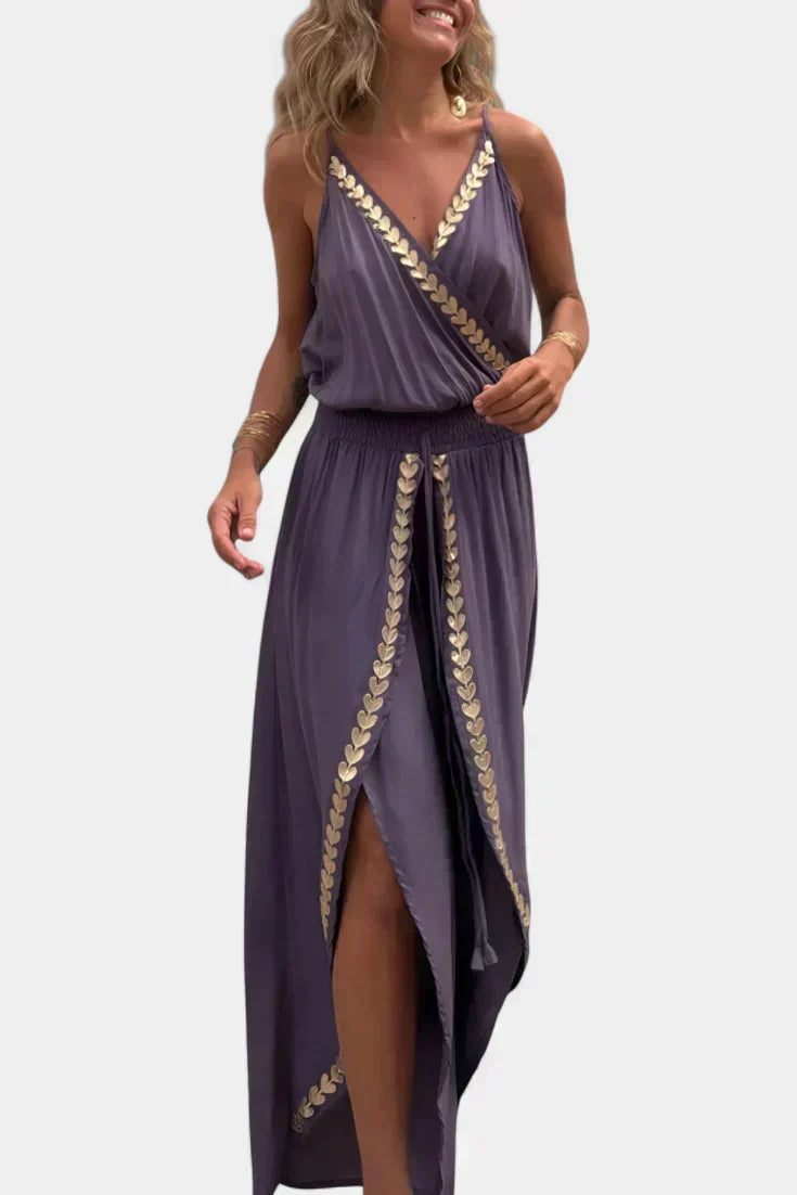 Gold Trim V-Neck Wrap Wide Leg Jumpsuit 4
