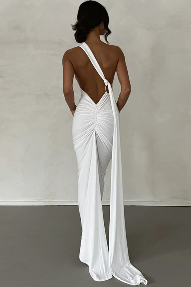 One Shoulder Ruched Open Back Trailing Sash Floor Length Gown - View 16