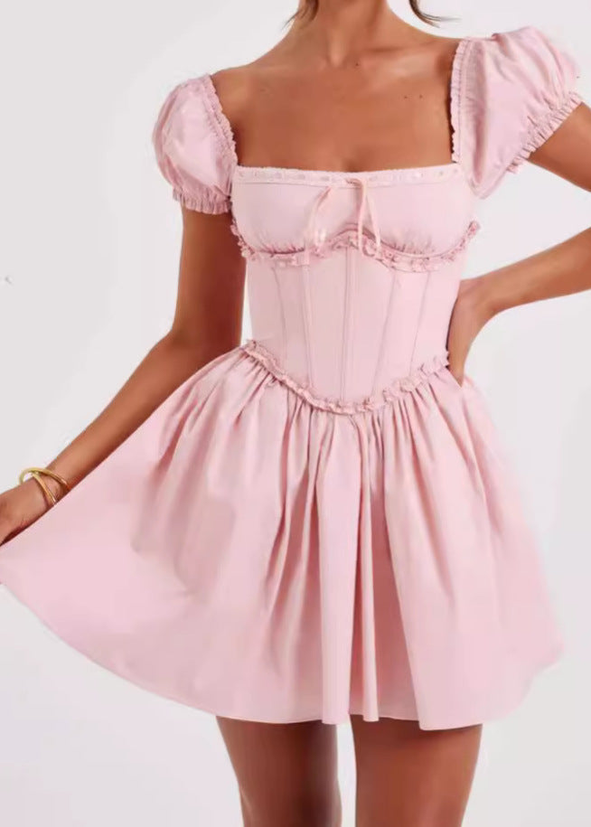 Off Shoulder Puff Sleeve Corset Ruffle Trim Fit and Flare Mini Dress - View 5