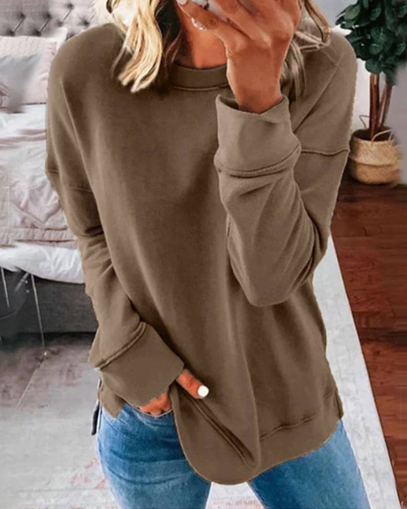 Crew Neck Long Sleeve Exposed Seam Side Split Sweatshirt