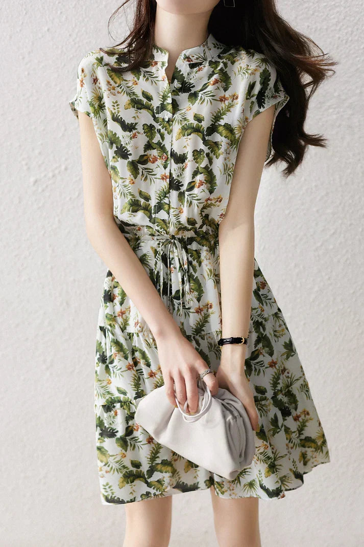Tropical Floral Print Mandarin Collar Button Front Maxi Dress - View 6