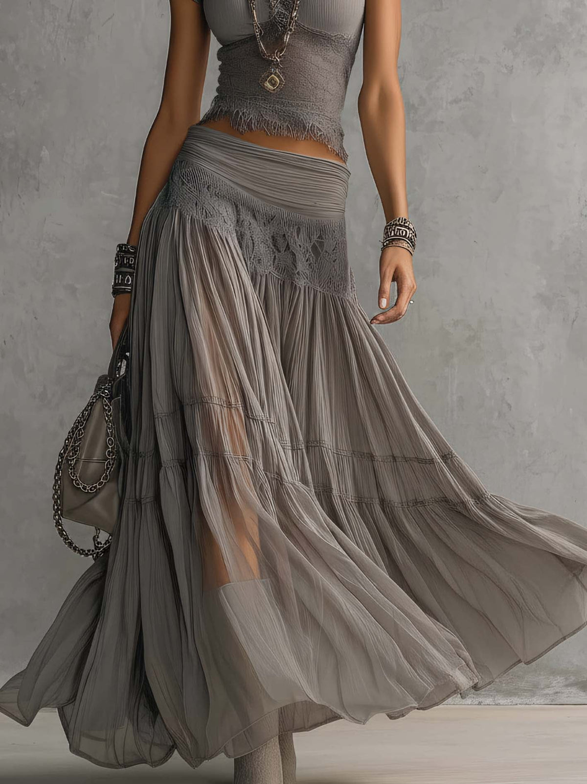Ribbed Cap Sleeve Top and Lace Tiered Maxi Skirt Two Piece Set 4