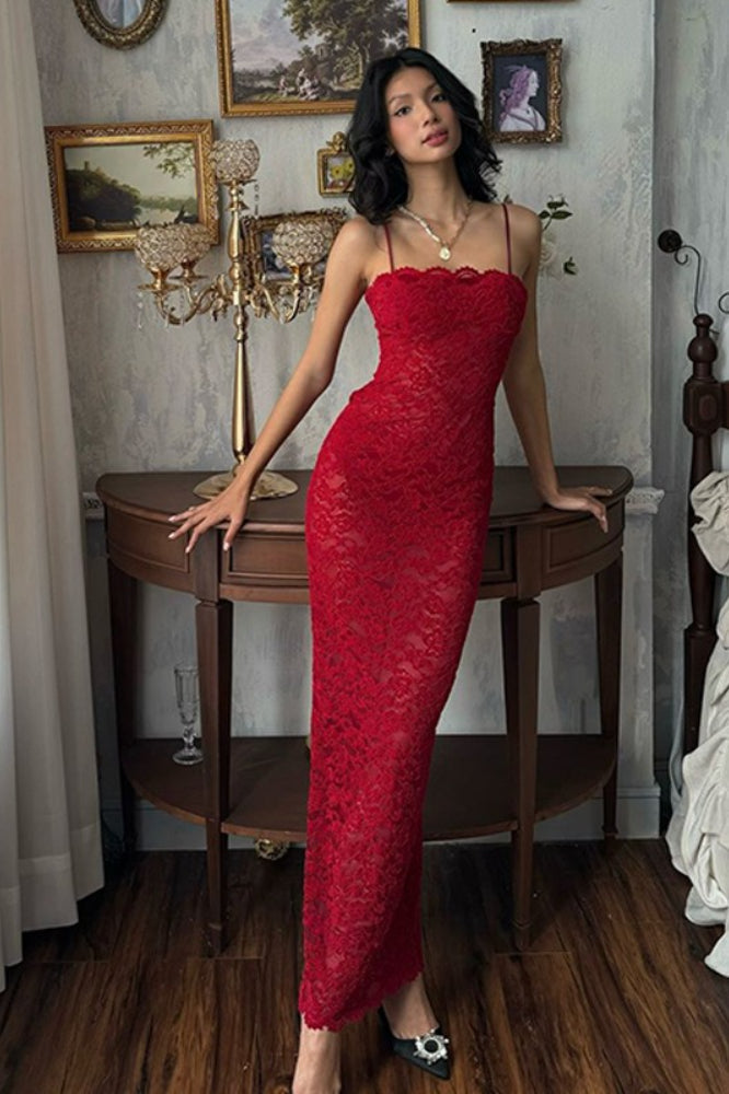 Lace Spaghetti Strap Straight Neck Bodycon Slip Maxi Dress