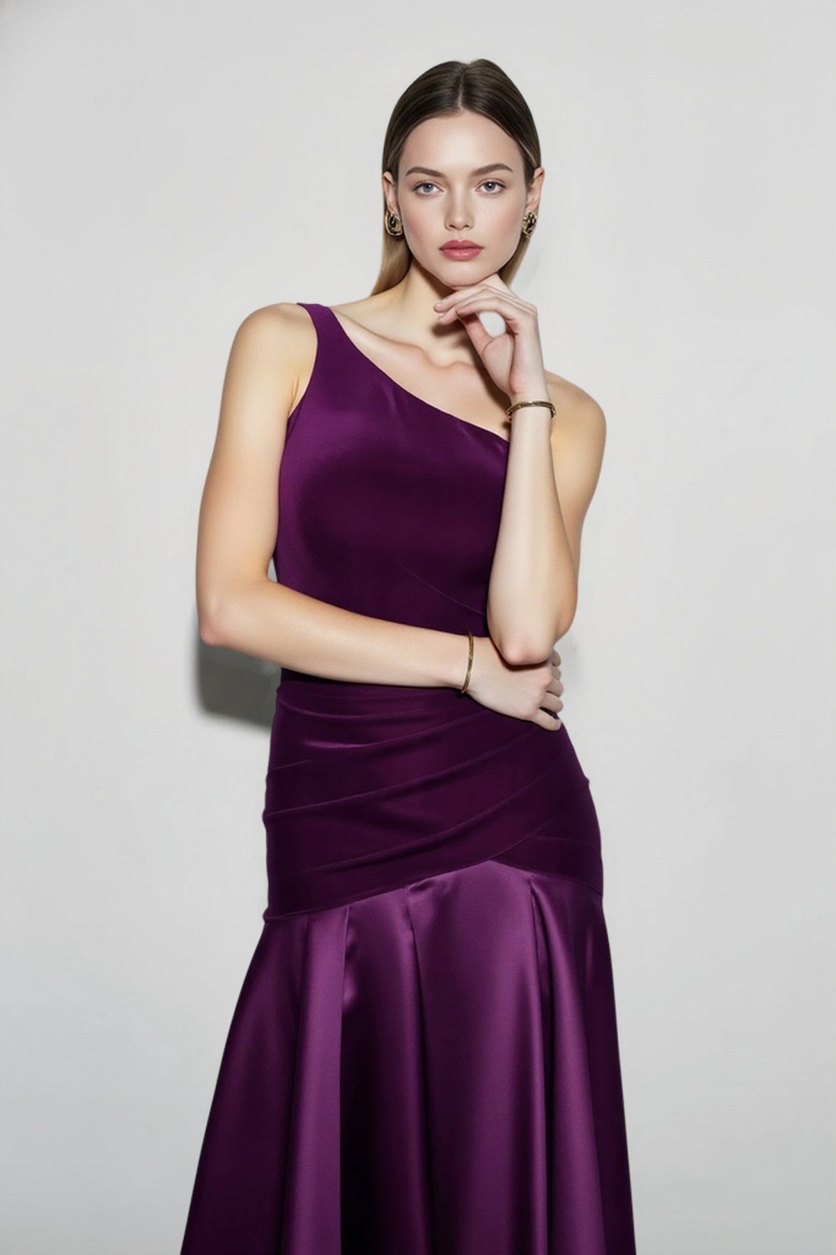 One Shoulder Velvet Satin A-Line Formal Gown - View 8