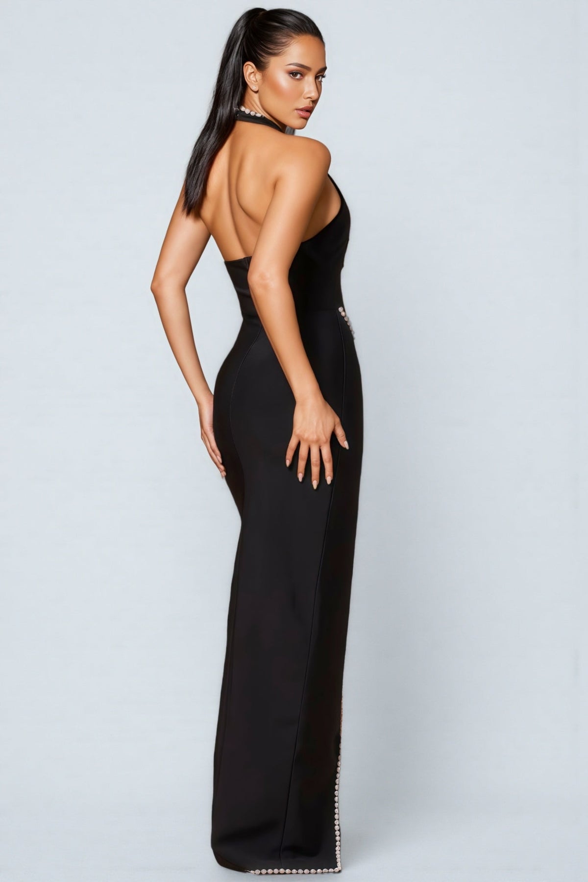 Pearl Trim Deep V-Neck Halter Neck Bandage High Split Maxi Gown - View 4
