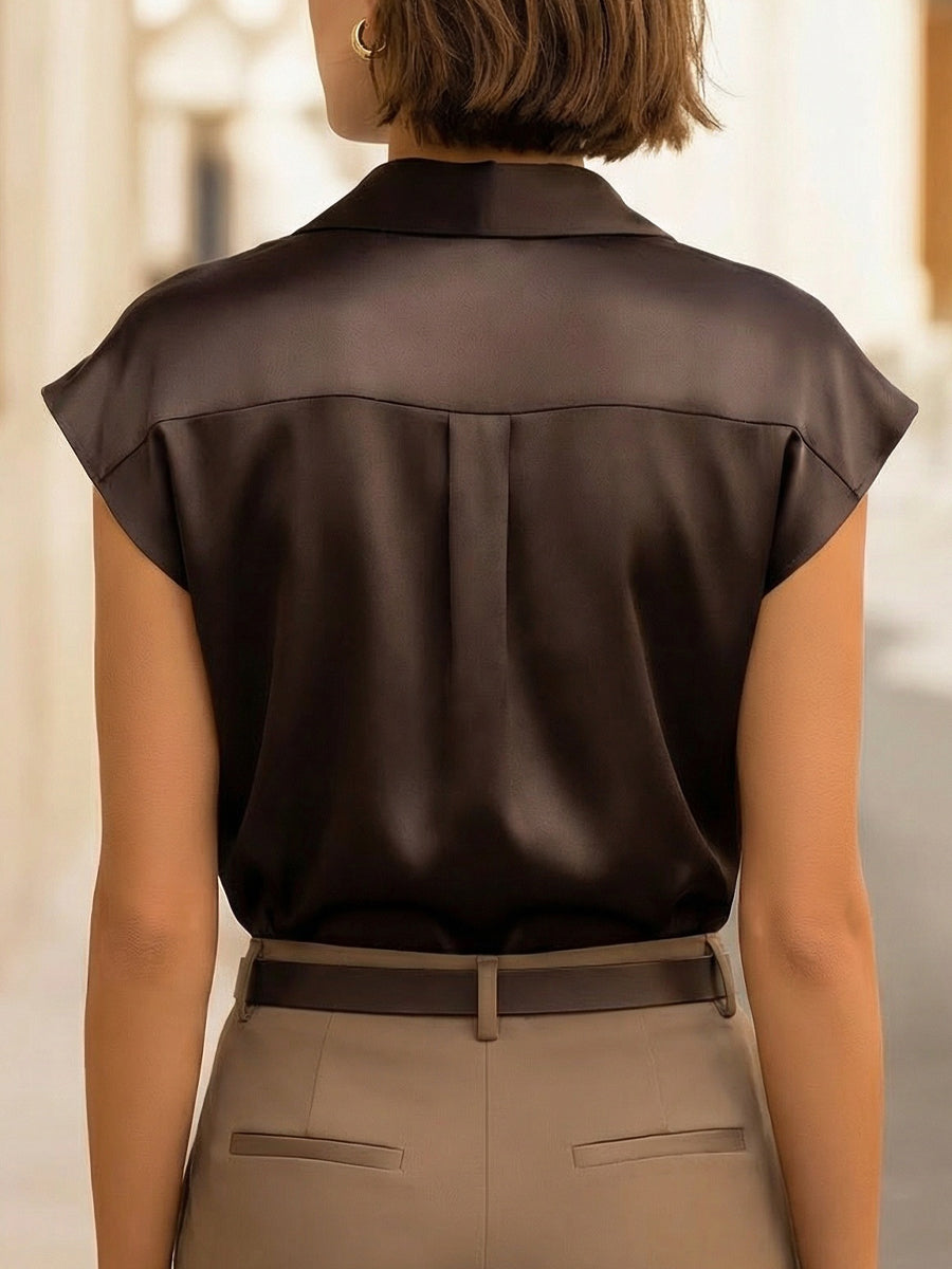 Cap Sleeve Collared Button Front Satin Blouse 4