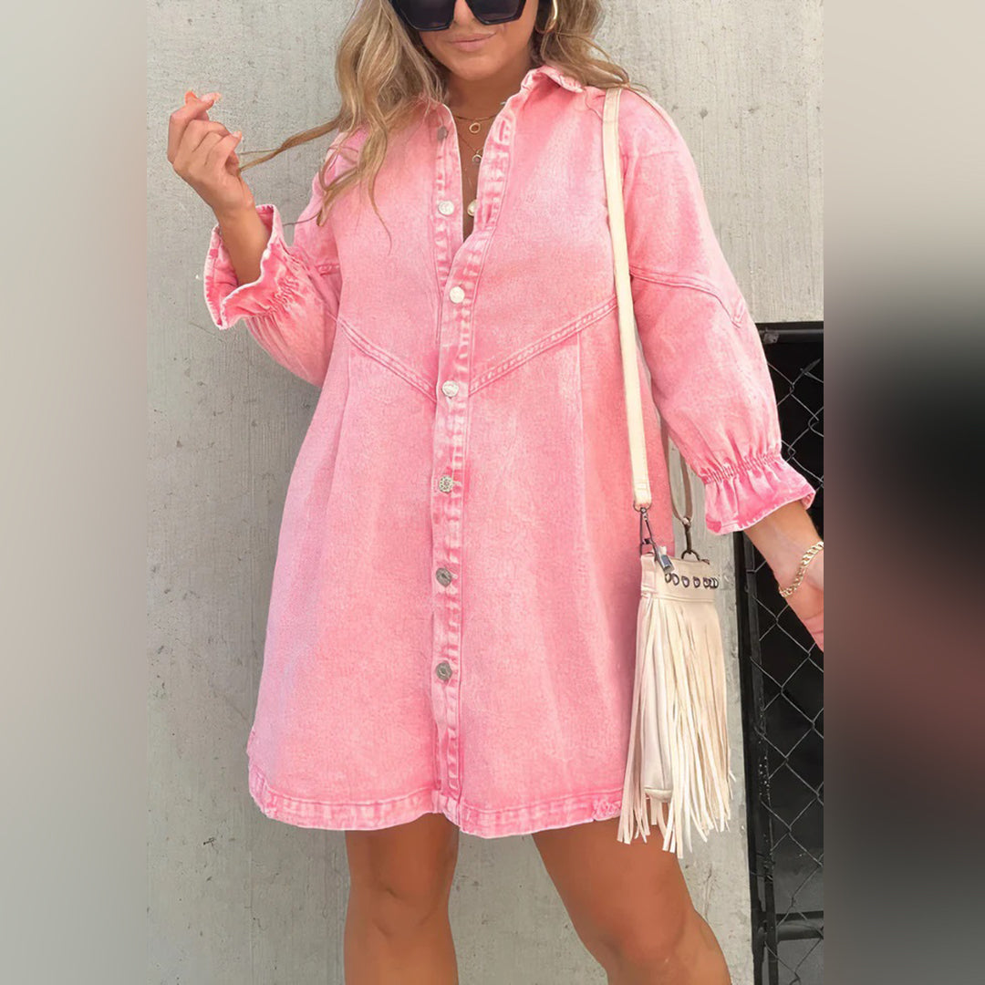 Denim Collared Long Sleeve Button Front Ruffle Cuff Mini Shirt Dress - View 6
