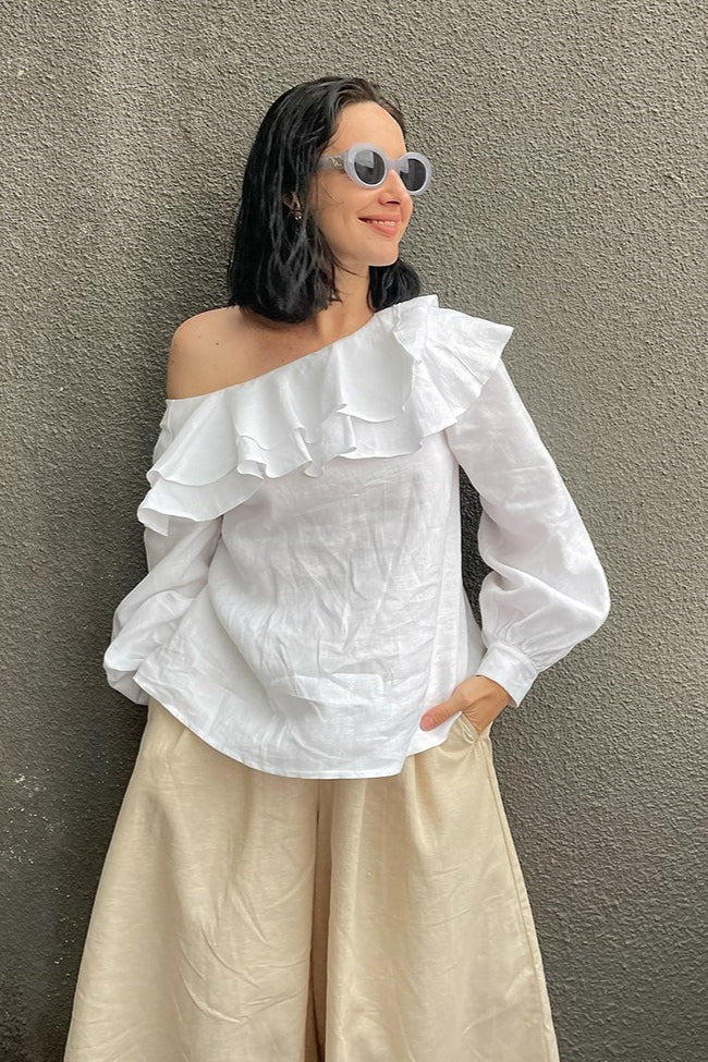 Slash Neck Ruffle Trim Blouse