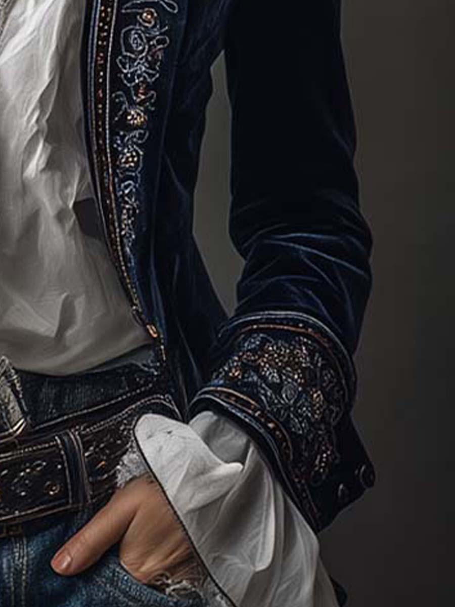 Embroidered Velvet Look Longline Blazer Jacket 8