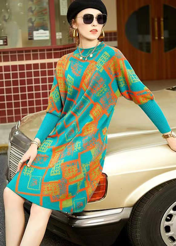 Geometric Pattern Knit Mock Neck Batwing Sleeve Shift Midi Dress - View 4