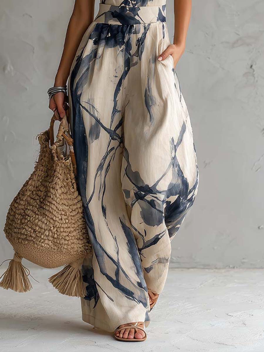 Ink Wash Print Halter Keyhole Wide Leg Jumpsuit 5