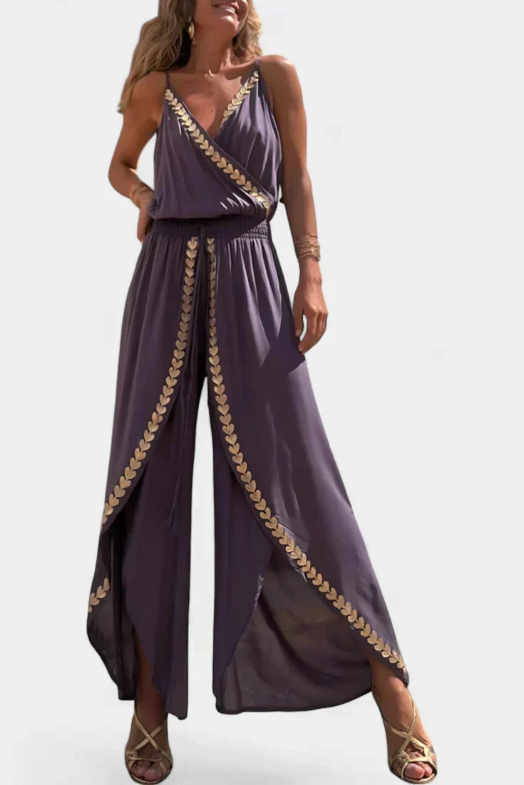 Gold Trim V-Neck Wrap Wide Leg Jumpsuit 5