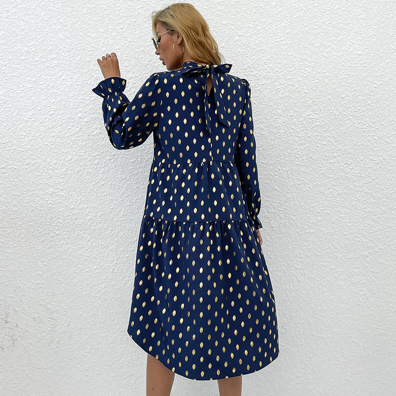 Mock Neck Long Sleeve Tiered High Low Metallic Polka Dot Dress - View 4