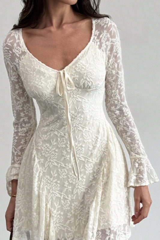 Lace Tie Front Ruched V-Neck Long Sleeve Bell Cuff Mini Dress - View 2