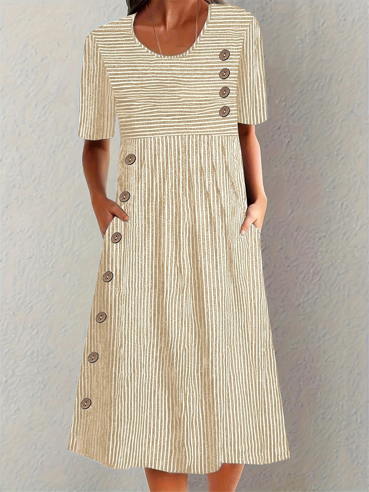 Striped Scoop Neck Short Sleeve Button Detail Midi Dress 4