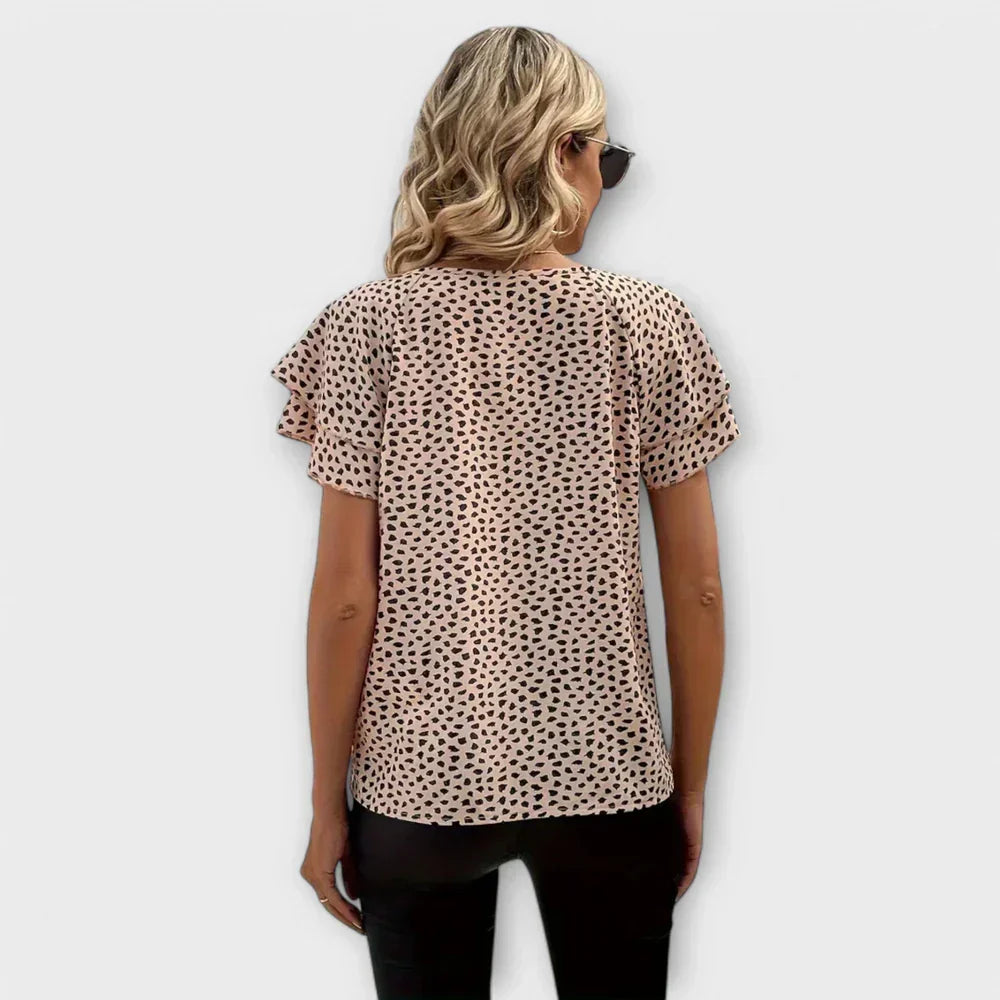 Round Neck Flutter Sleeve Spotted Print Top 3