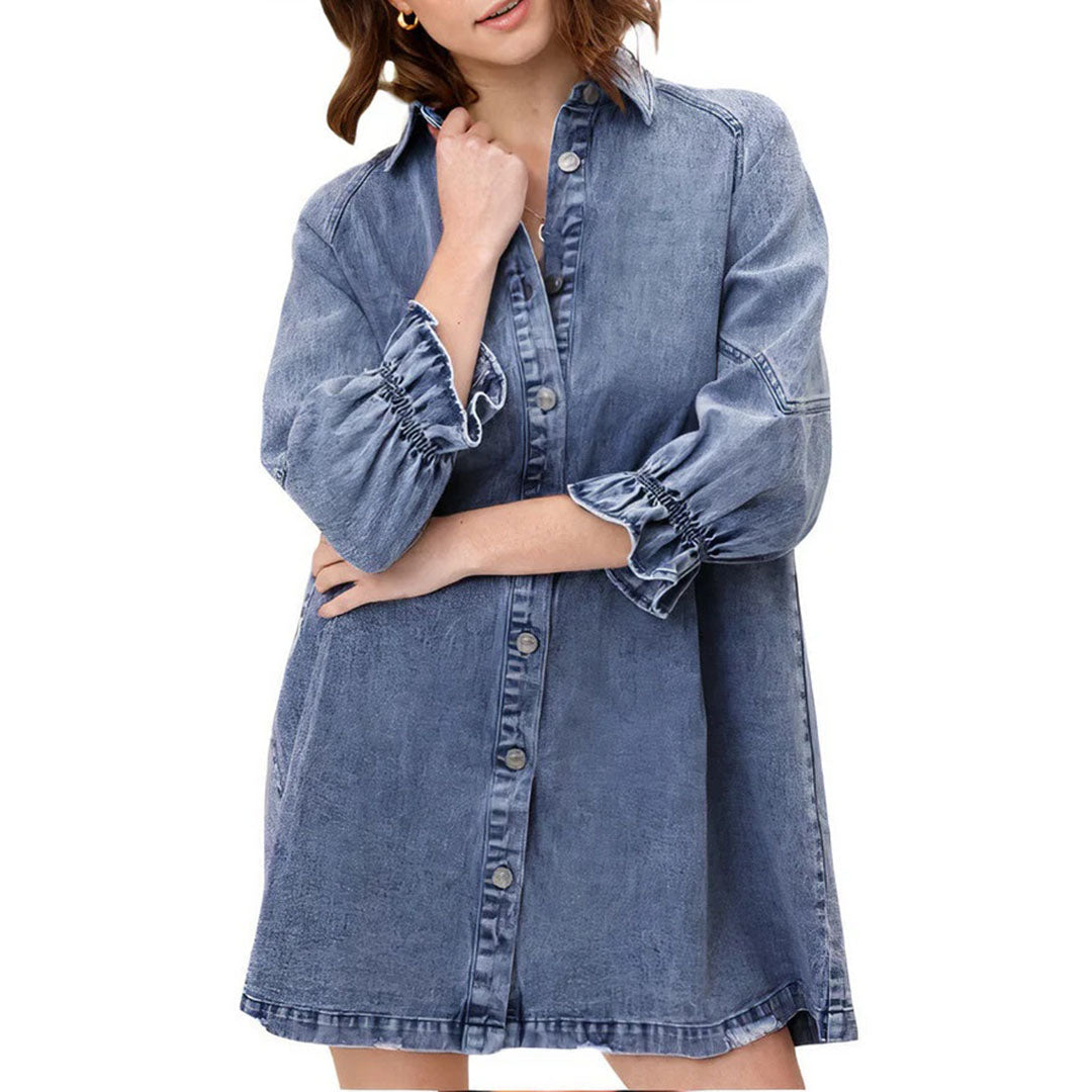 Denim Collared Long Sleeve Button Front Ruffle Cuff Mini Shirt Dress - View 2