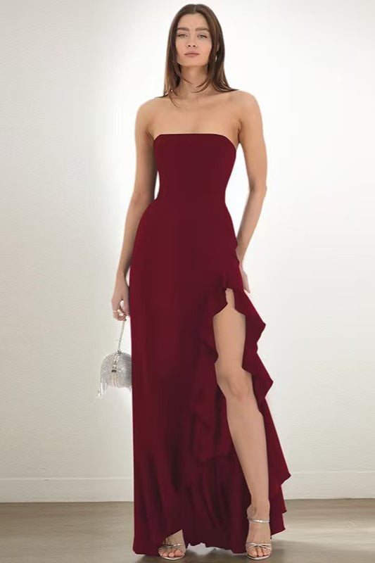 Strapless Ruffle High Slit High Low Maxi Dress - View 4