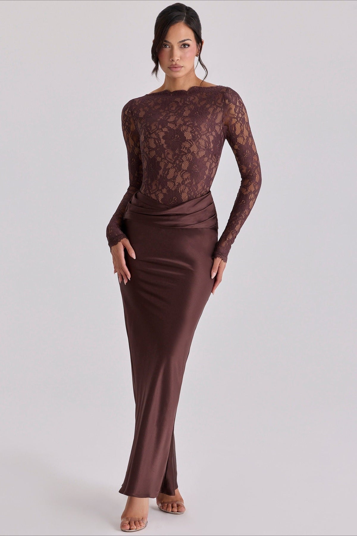 Lace Sheer Mesh Ruched Satin Maxi Dress