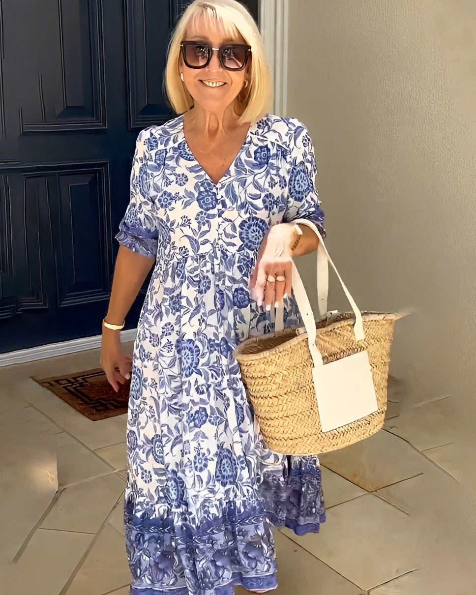 Floral V-Neck Puff Sleeve Tiered Maxi Dress 7